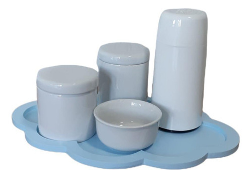 Kit Higiene Bebê Porcelana Branca Bandeja Nuvem Azul 5 Pçs