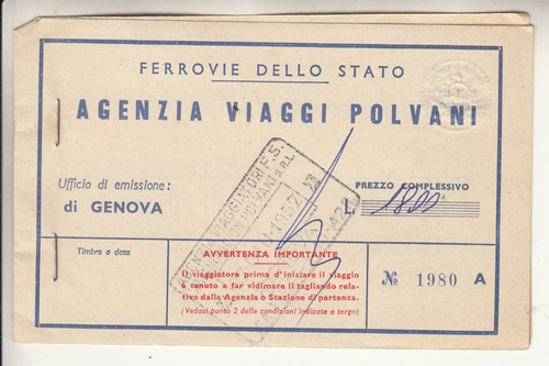 1957 Pasaje Ferrocarril Estado Genova Italia Agencia Polvani