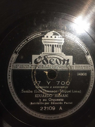 Disco De Pasta Eduardo Armani Odeon 22109 Jazz Samba 78 Rpm