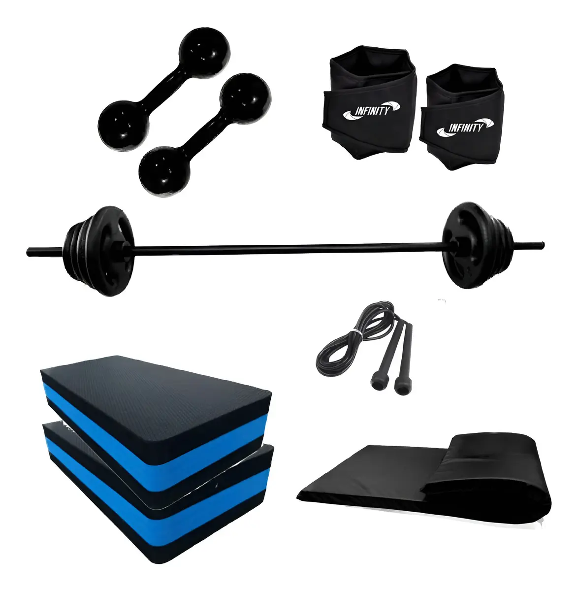 Kit Barra+anilha+caneleira+step+corda+colchonete+halter Cor Preto