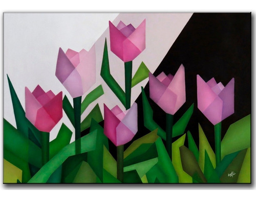 Quadro Decorativo Gravura Painel Cubismo Tulipas Rosas 70x50