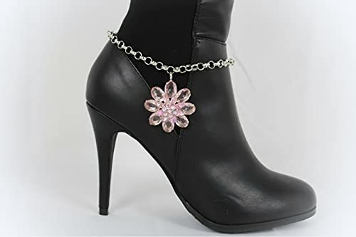 Pulsera Metálica Plateada Para Bota Con Flor Rosa.