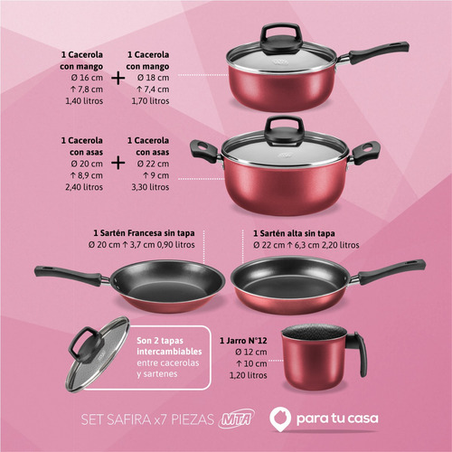 Batería Cocina Olla Cacerola Aluminio Teflón Safira 7p Mta
