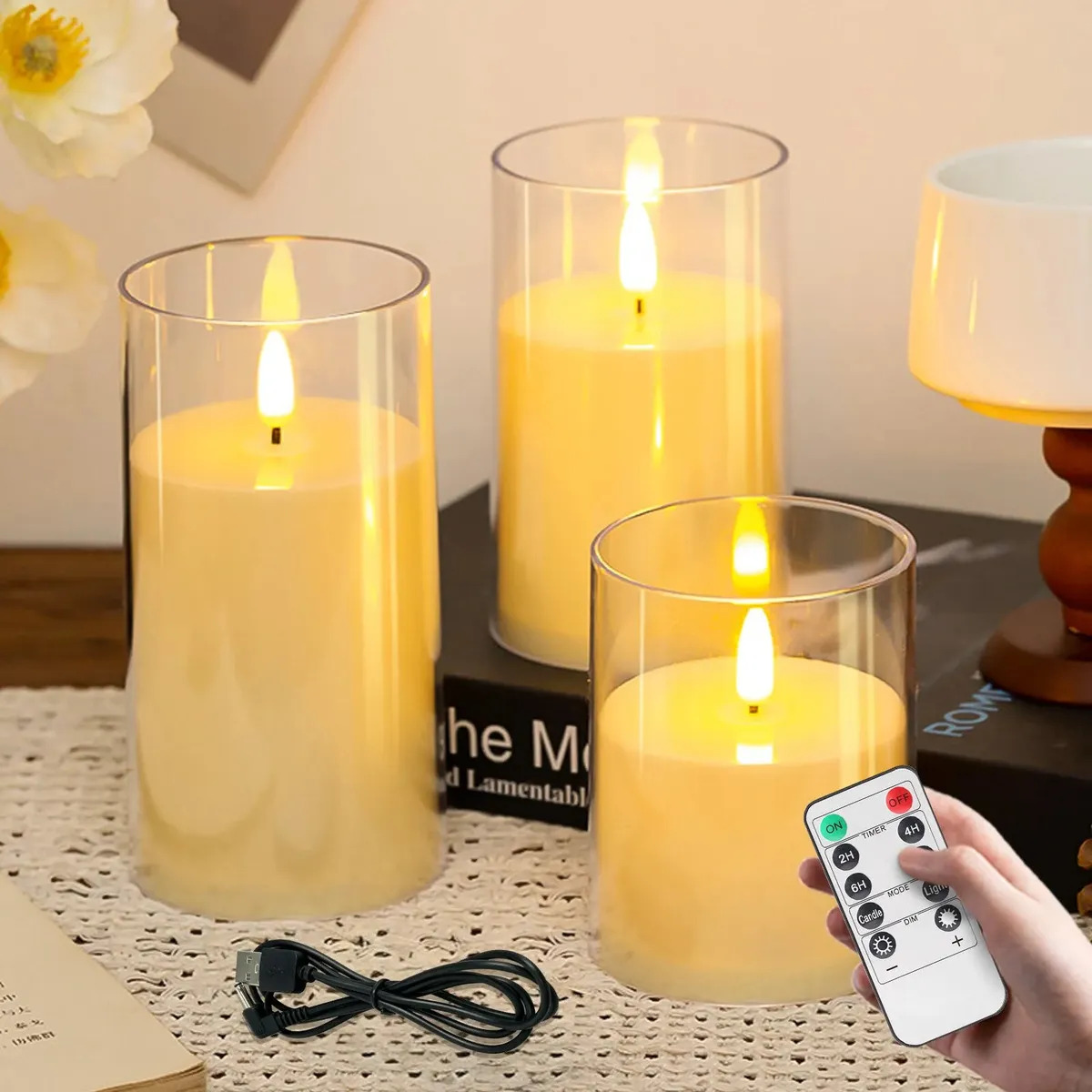 3pz Velas Led Recargable Flama Realista Remoto Contral Velas Eléctricas Led Decorativas para Navidad y Halloween 10/12.5/15cm