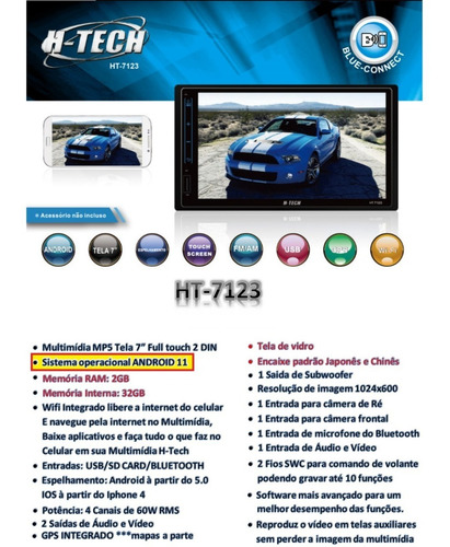 Imagem 4 de 5 de Multimídia 2 Din Android 10 7 Wi-fi Gps Usb Bt Sd 4x60 Rms