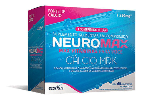 Neuromax Calcio 1250mg Mdk 60 Comprimidos Formaçao De Ossos Sabor Sem Sabor