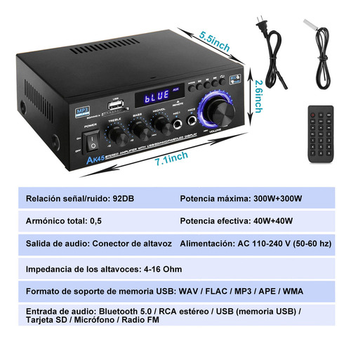 Amplificador De Audio Bluetooth Estereo Para Casa/auto Portá Ak45
