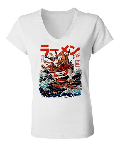 Remera Mujer Escote V Spun - Aesthetic Angry Ramen Japan