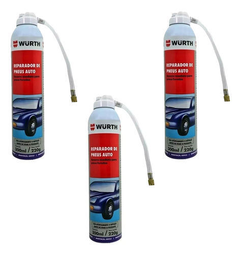 3 Pçs Enche E Tapa Furo Reparador Pneus De Carro 300ml Wurth