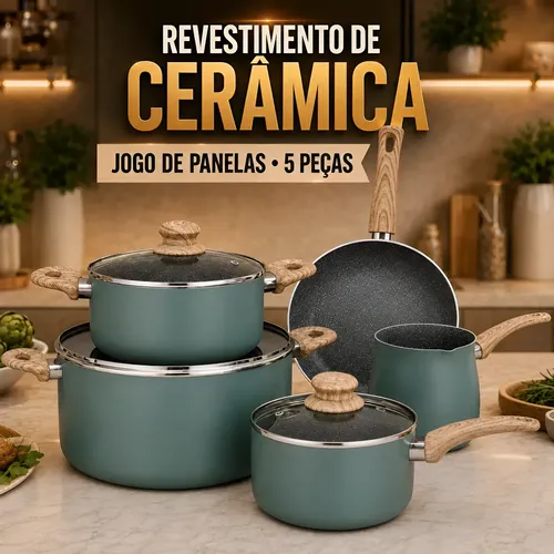 Jogo De Panelas 5 Peças Antiaderente Cerâmica Indução Gás - R$ 225,15