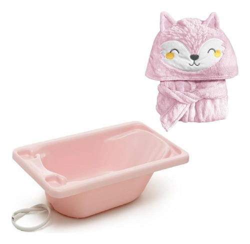 Bañera rígida de plástico y albornoz infantil - Pink Fox