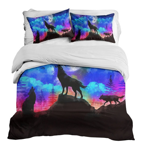 Duvet Cover And Pillow Cases Wolf Howling Matrimonial Size