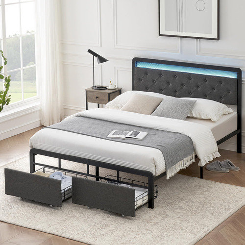 Base De Cama Queen Con 2 Cajones De Almacenamiento, Cabecera