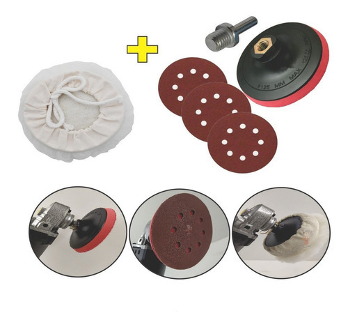 Kit Polimento 10 Lixas 125mm + Suporte + Boina P/ Lixadeira