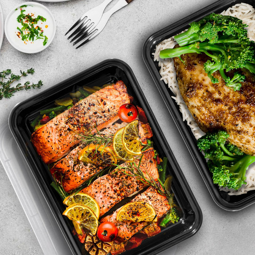 144 Contenedores Para Alimento Reutilizable Rectangular 24oz Color Negro Diseño Rectangular con Tapa Transparente Para Microondas, Congelador y Lavavajillas Fáciles de Limpiar, Apilables y Ecológicos