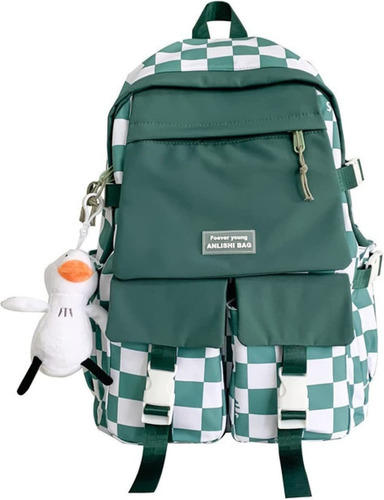 Mochila Escolar Kawaii A Cuadros Gran Capacidad Verde