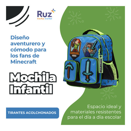 Mochila Kinder Infantil Microsoft Minecraft 11 L Azul Estampado