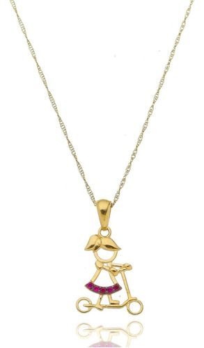 Pingente Menina Patinete + Corrente Singapura Em Ouro 18k Cor Amarelo