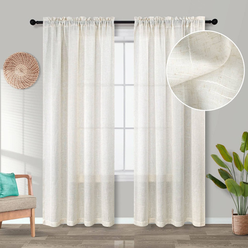 Cortinas Semitransparentes De Lino Natural Color Crema, 84 P