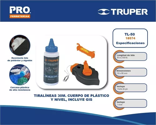 Truper TL-50, Tiralíneas 30m, cuerpo de plástico y nivel, incluye