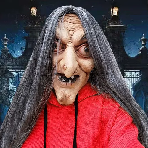 Máscara de bruxa velha feia adulta, adereços assustadores, látex com  cabelo, traje de festa de Halloween para mulheres