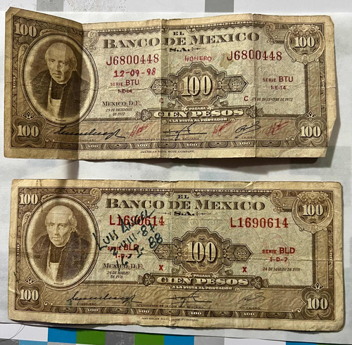 2 Billetes Antiguos De 100 Pesos Del Año 1971 Y 1972