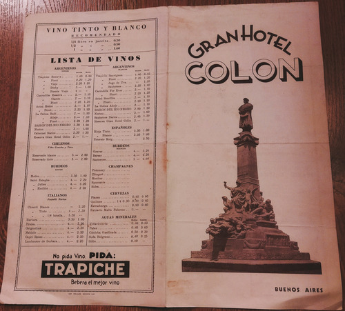 1942 Menu Restaurante Gran Hotel Colon De Buenos Aires Raro