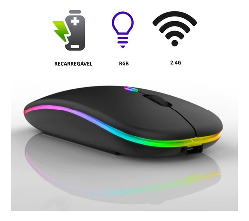 Mouse Sem Fio Recarregável Elegante Click Silencioso Led Rgb