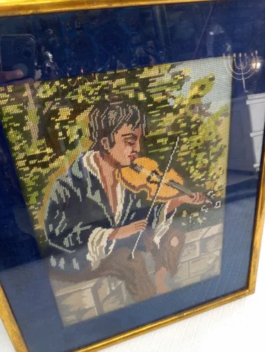 Cuadro Antiguo Italy Bordado De Punto Gobelino El Violinista (Usado)