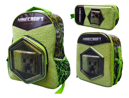 Kit Mochila Lonchera Lapicera Minecraft Movie Creeper Ruz Verde 3d Afelpado