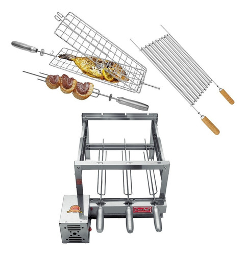 Churrasqueira Grill Giratório Inox 3 Espetos + 2 Grelhas Cor Prateado 110v/220v