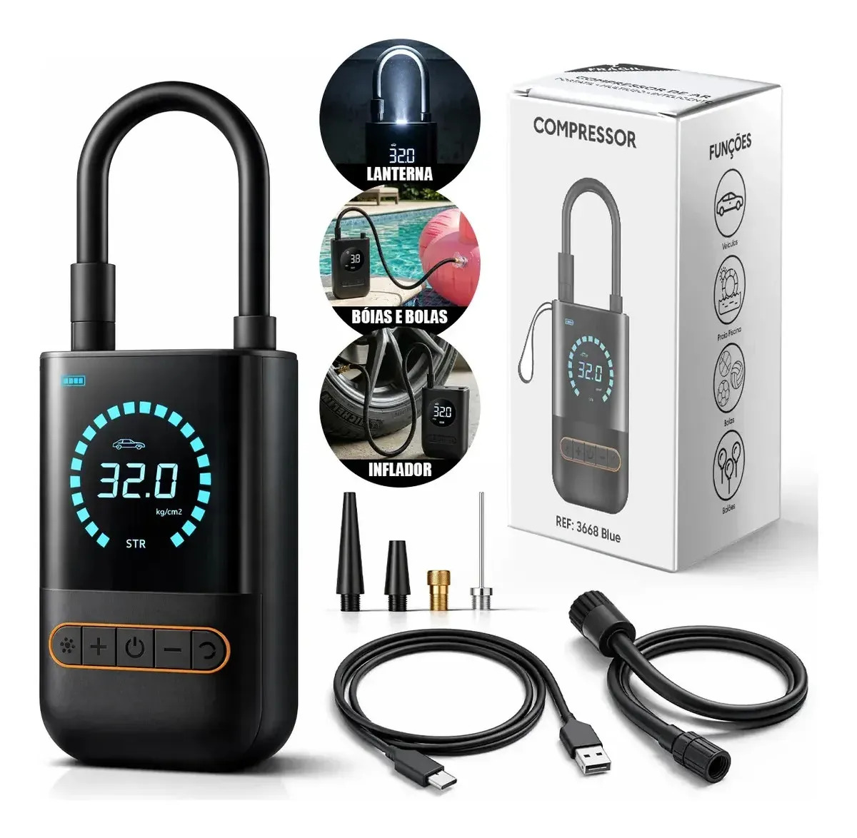 Compressor de Ar Digital Mini Portátil sem Fio para Carro, Moto e Bicicleta