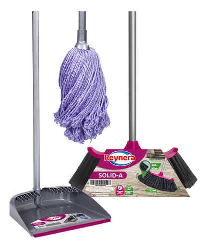 Reynera Combo de Limpieza Basica: Recogedor Con Peine Quita Pelusa, Escoba Doble Angular y Mop Microfibra
