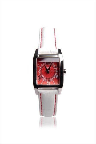 Reloj Mujer Casio Ltp1339l-7a Malla Cuero Blanco Fondo Rojo Color Del Bisel Plateado