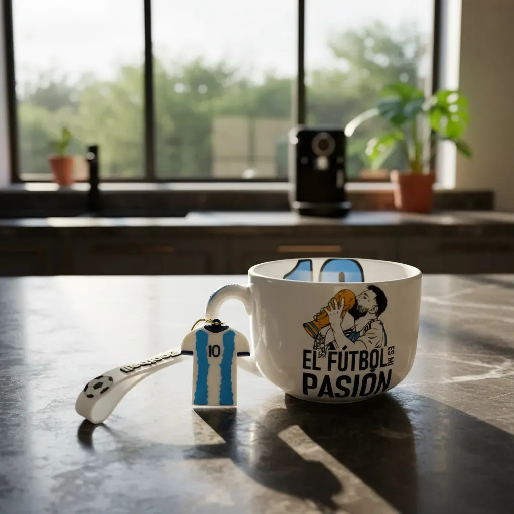 Combo Taza Tazón Messi Argentina + Llavero Silicona Copa Blanco Messi Argentina