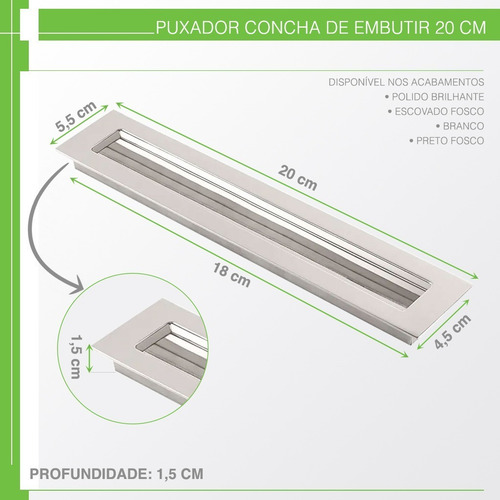 Kit Com 20 Puxadores Concha De Embutir Em Aço Inox 20cm Cor Escovado Fosco