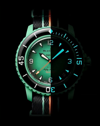 Reloj Swatch X Blancpain Océano Indico Edicion Especial Correa Verde Bisel Negro Fondo Verde