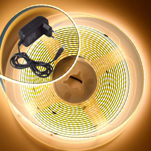 Fita Led Cob 5 Metros Branco Quente Com Fonte Alto Brilho