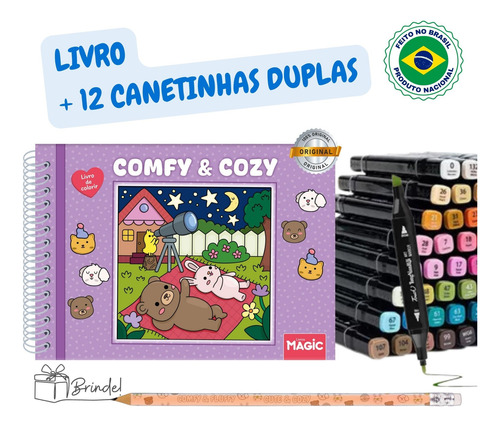 Kit 12 Marcadores Duplos + Livro De Colorir Comfy & Cozy Comfy & Fluffy No Estilo Tendencia Tik Tok Bobbie Goods Folhas Grossas 180g Com Acetato Capa Dura Laminada