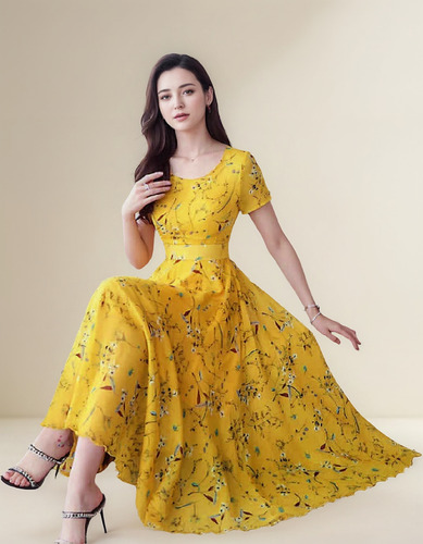 Vestido Largo Tipo Evasé Con Estampado De Flores