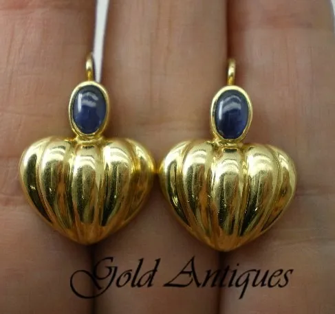 Par De Aros De Oro 18 Kt Corazon Y Zafiros Azul