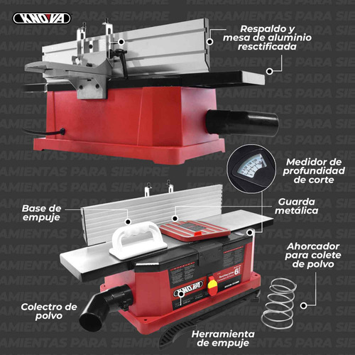 Cepilladora Canteadora Profesional de Banco De 6 Pulgadas Para Madera, Motor de 1100 W ,Mesa de 725 mm X 160 mm, 2 Cuchillas de acero , Velocidad: 1000 RPM Modelo KN CM-11MA KNOVA