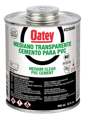 Oatey Pegamento Negro Para Pvc 32oz 946 Ml Incoloro