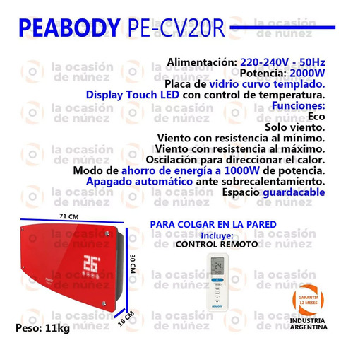 Imagen 2 de 7 de Calefactor Electrico Peabody Caloventor De Pared Digital