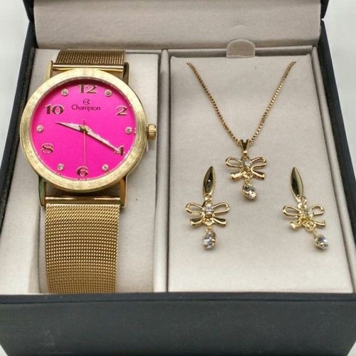  Relógio Champion Dourado Aço Rosa Pink Strass Cn29034j  