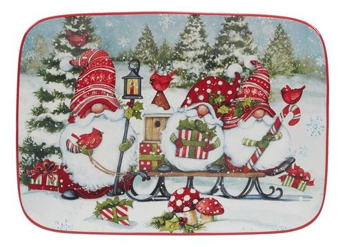 Plato Rectangular De Gnomos Navideños Certificados 14 X 10,