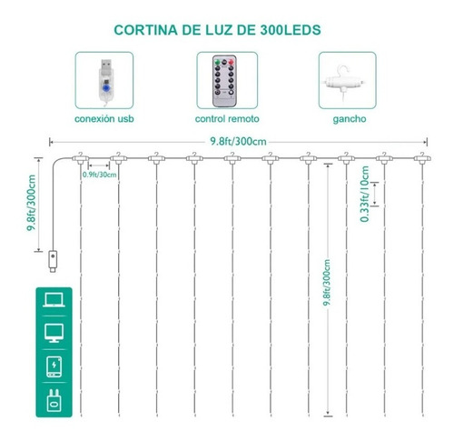 Imagen 6 de 6 de Cortinas De Luces Led 3x3metros 300 Leds Usb 8 Modos