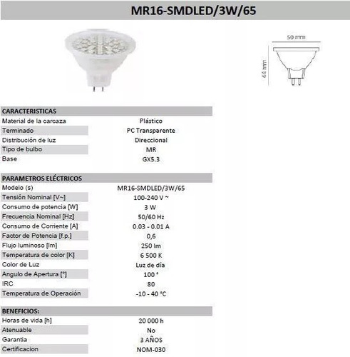 Imagen 5 de 7 de Foco Led Mr16 Gu5 3w Luz Blanca Intensa 250lm Mr16-smdled/3w