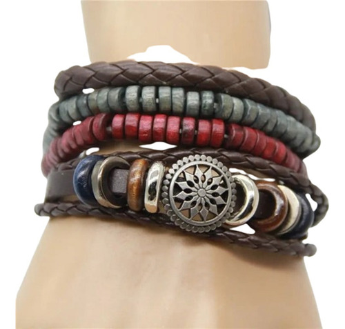 Conjunto Set Pulsera Cuero Hilo Negro Dije Mandala Rojo Verd