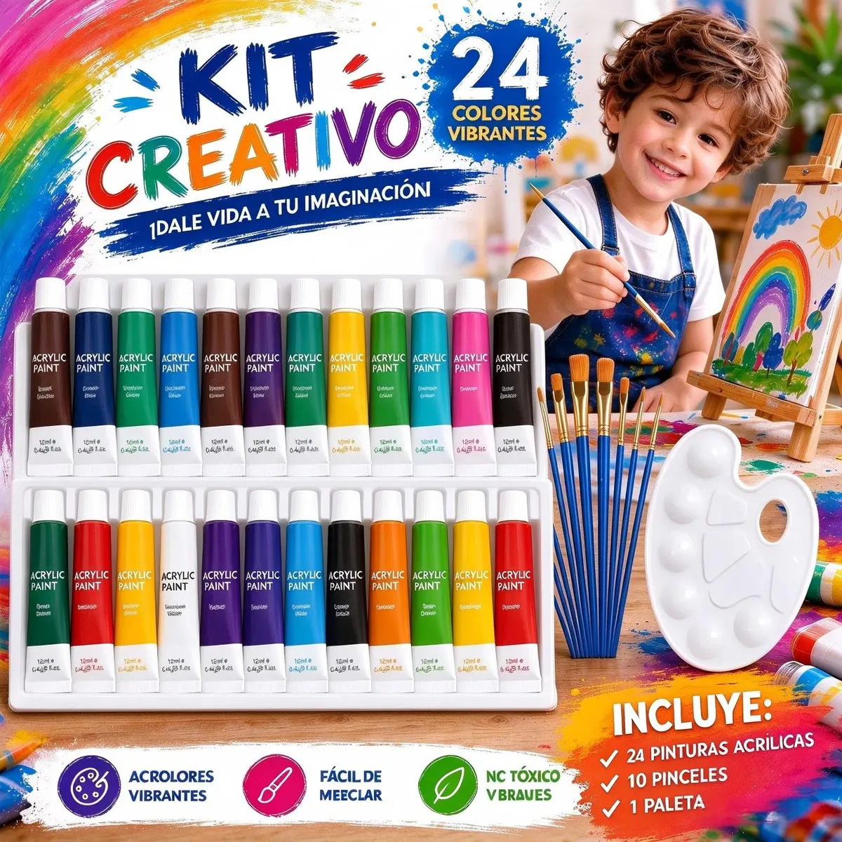 Kit De Pintura Acrílica 24 Colores Set Arte Profesionalcon Pinceles Y Paleta, Para Niños Y Adultos Multicolor